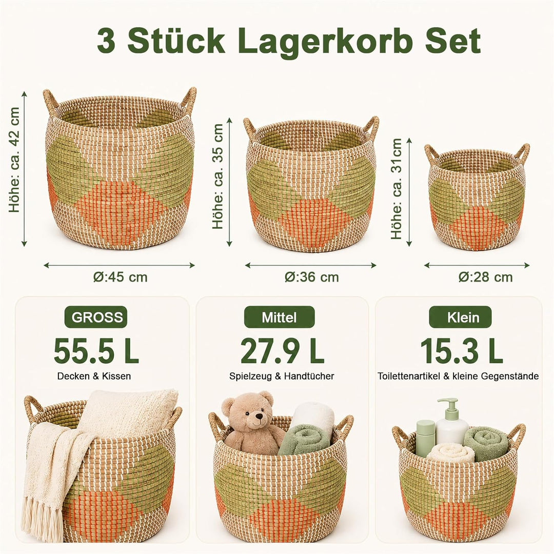 Wäschekorb Geflochten mit Henkeln,3 Set Verschiedene Grössen 56L+28L+15L,Korb ohne Deckel,Handgefert