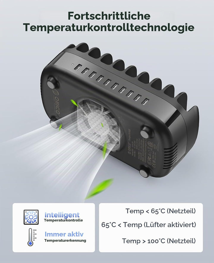ORICO 120W Ladestation für Mehrere Geräte, Neues Upgrade 10 Ports Smart USB Ladestation mit Kühlvent