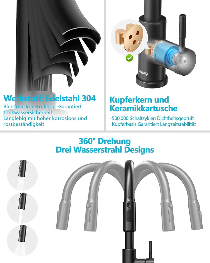 Küchenarmatur, Hochdruck Wasserhahn Küche Ausziehbar, Mischbatterie Küche mit küchenarmaturen, 360°-