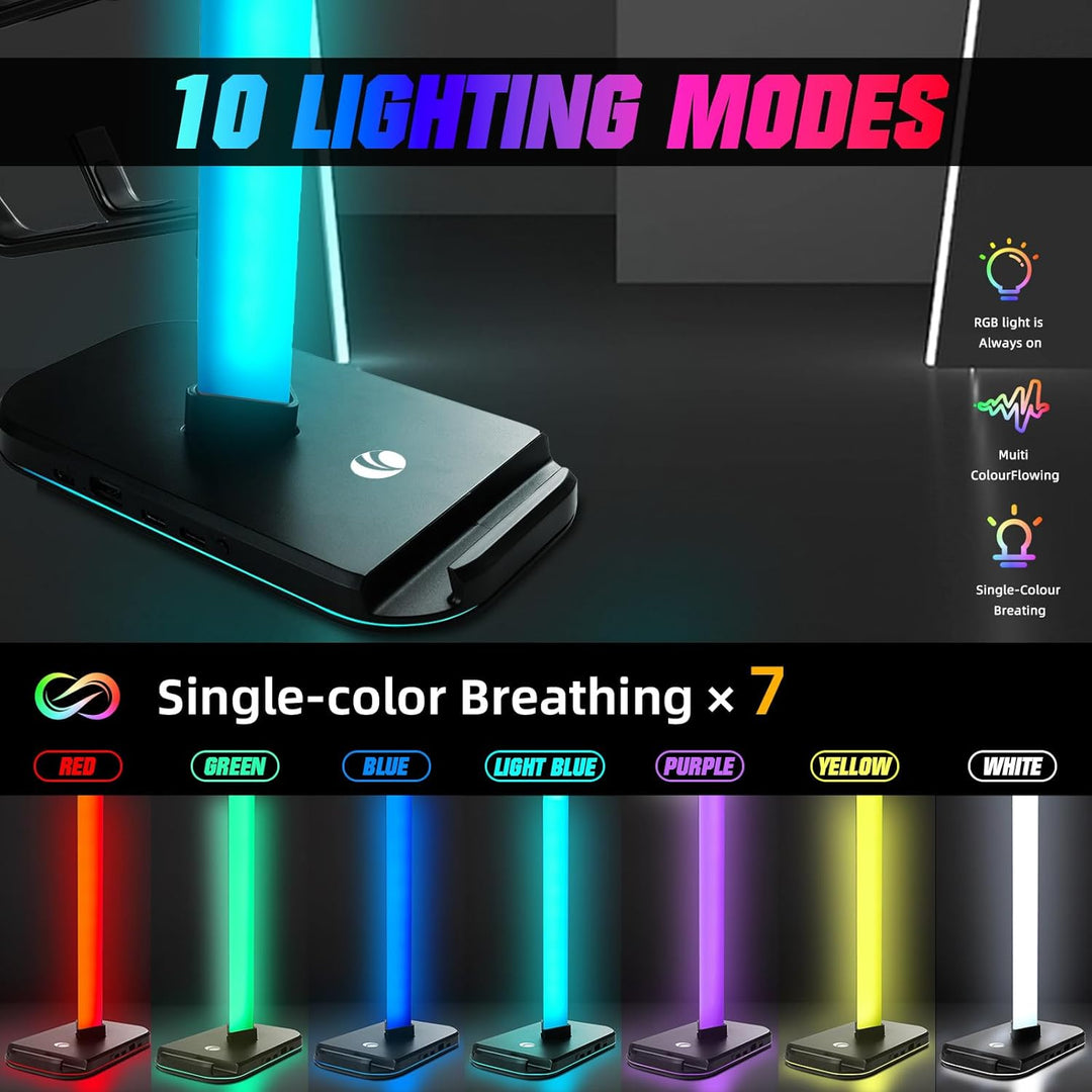 VCOM Gaming Headset Halterung mit 10 Lichtmodi, 1 USB 2 Typ-C Anschlüssen | Kopfhörer Halterung Tisc