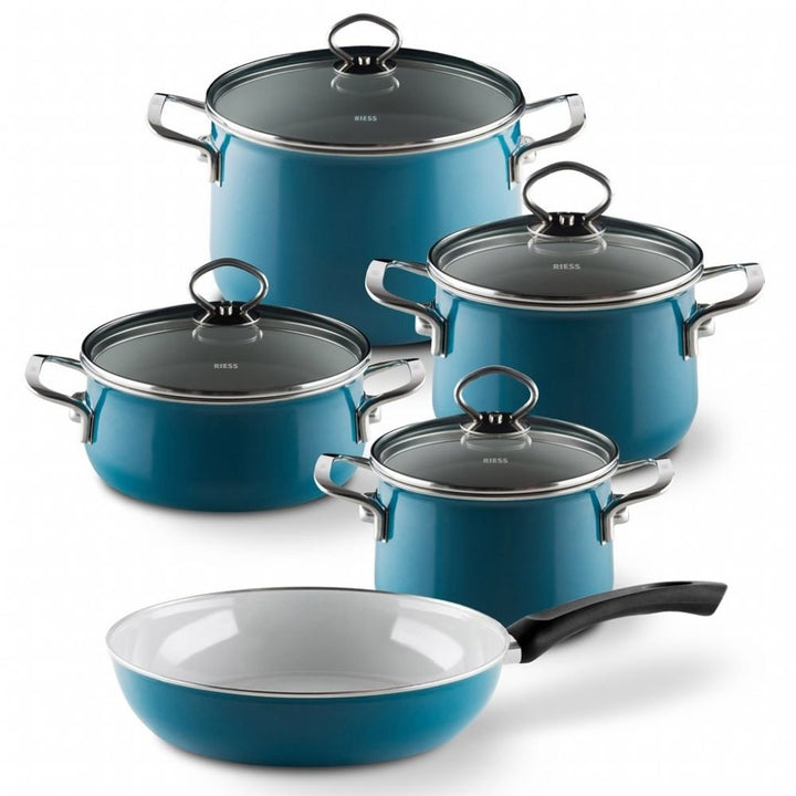 Riess, 0558-010, Emaille-Set 5-teilig, NOUVELLE, AQUAMARIN EXTRA STARK, bestehend aus: Fleischtopf m