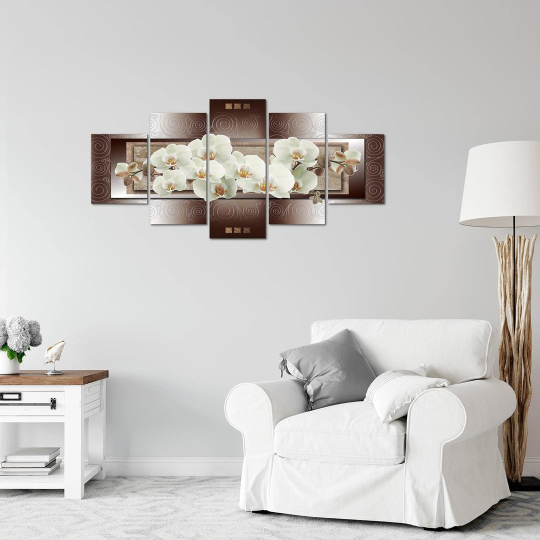 Runa Art Wandbilder Blumen Orchidee 5 Teilig Bild auf Vlies Leinwand Deko Wohnzimmer Abstrakt Beige
