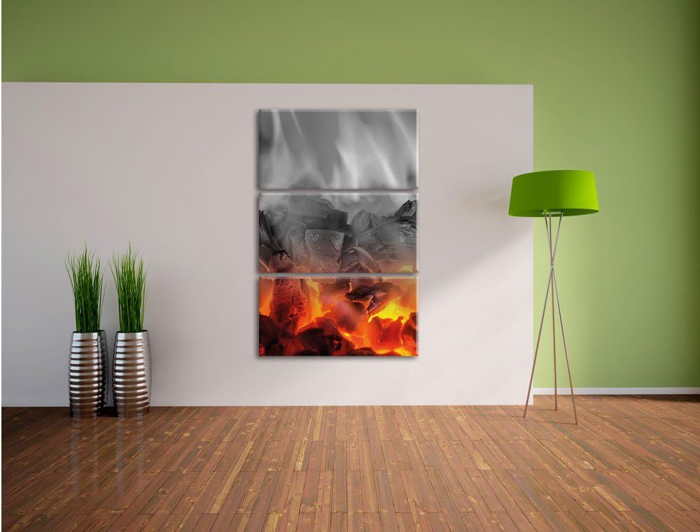Pixxprint brennende Holzkohle in Kamin als Leinwandbild/Grösse: 3 Teilig (120x80 cm) cm/Wandbild/Kun