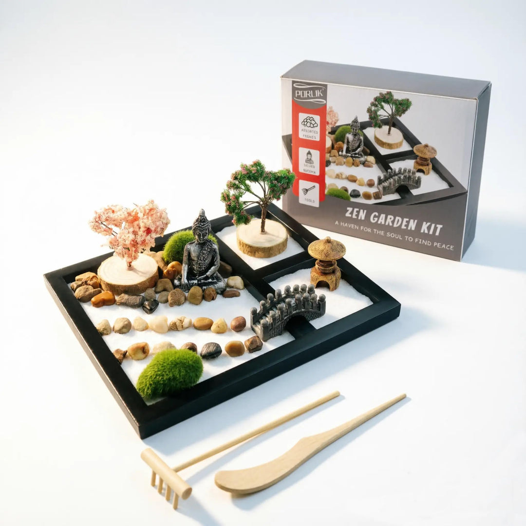 porlik Japanischer Zen-Garten für den Schreibtisch, Mini-Zen-Garten mit Sand, künstliche Bonsai-Baum