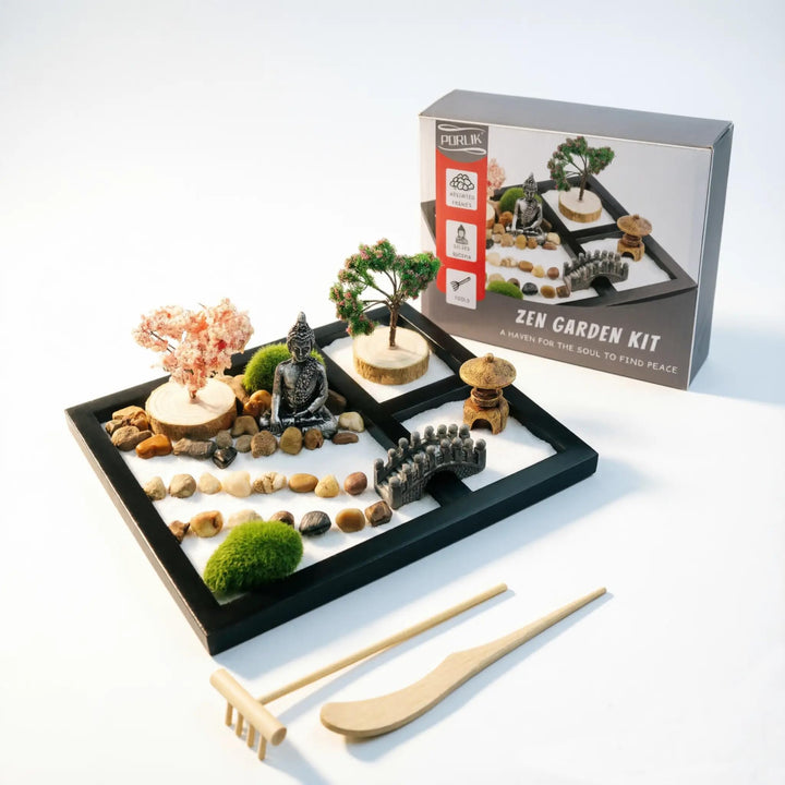 porlik Japanischer Zen-Garten für den Schreibtisch, Mini-Zen-Garten mit Sand, künstliche Bonsai-Baum