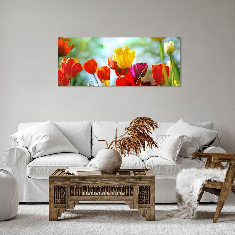 Panorama Bilder auf Leinwand 100x40cm Leinwandbild Tulpe Blume Plantage Wiese Gross Wanddeko Bild Sc