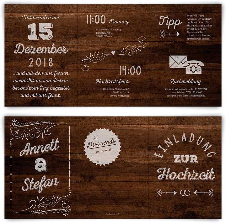 10 x Hochzeitseinladungen individuell mit Ihrem Inhalt als Klappkarte im Wickelfalz - Holz Lettering