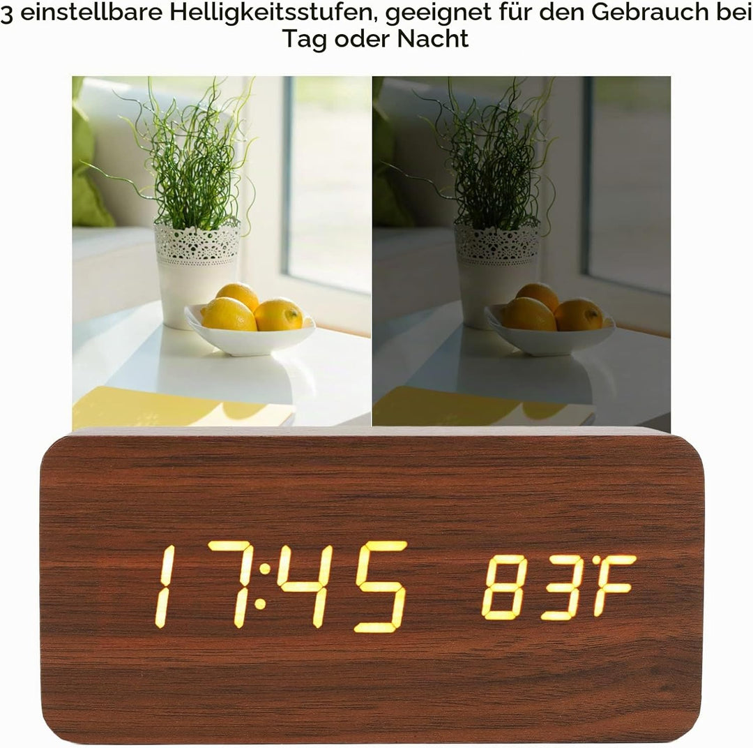 LED Tischuhr Holzoptik, Wecker Digital Funkuhr, Digitaler Wecker mit 3 Helligkeitsstufen, Elektronis