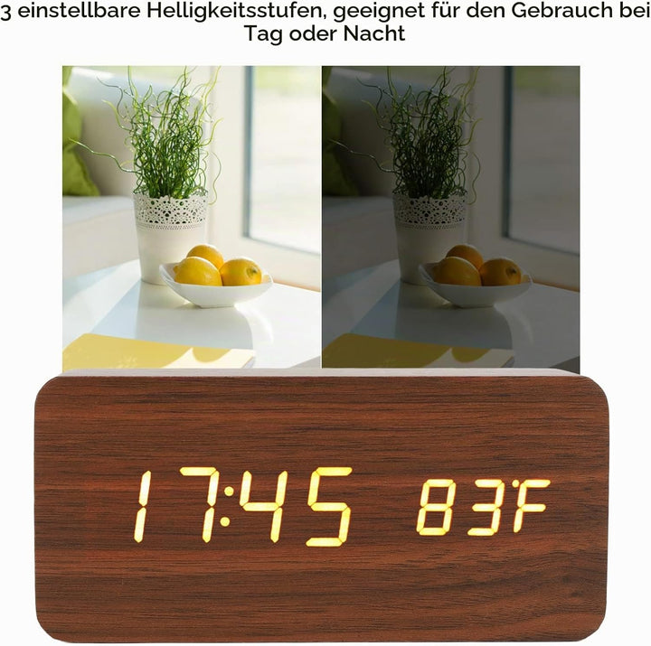 LED Tischuhr Holzoptik, Wecker Digital Funkuhr, Digitaler Wecker mit 3 Helligkeitsstufen, Elektronis