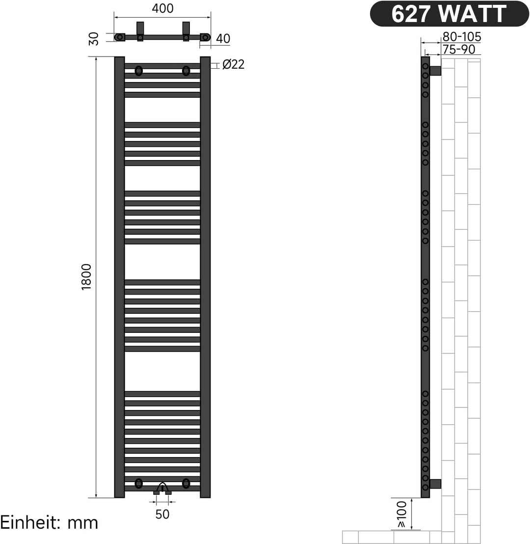 Heizkörper Badheizkörper 1800x400 mm Handtuchheizkörper Mittelanschluss Rundrohr Handtuchwärmer Heiz