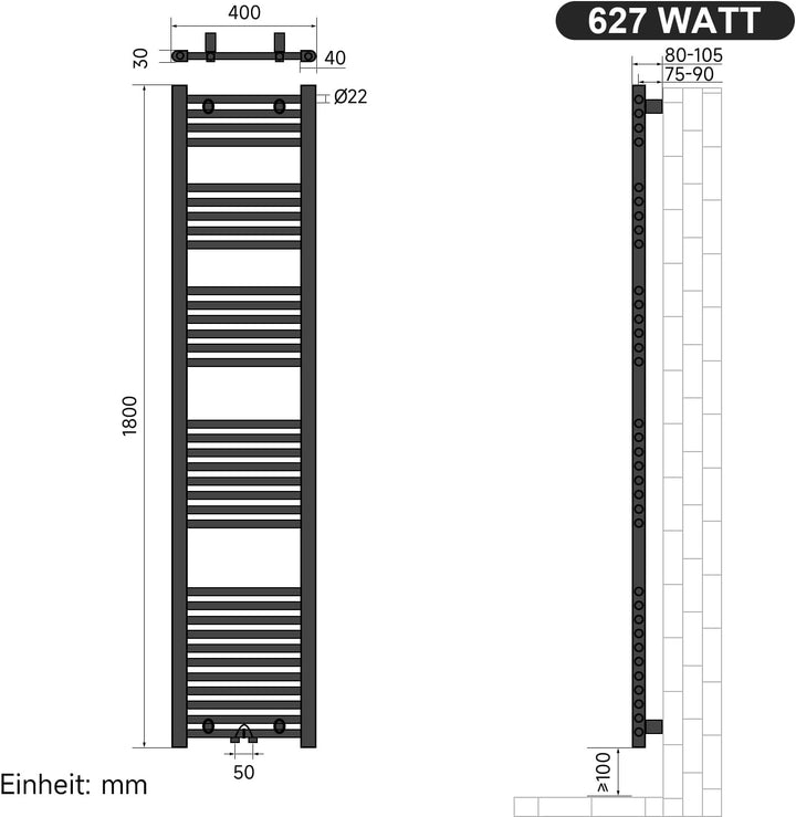 Heizkörper Badheizkörper 1800x400 mm Handtuchheizkörper Mittelanschluss Rundrohr Handtuchwärmer Heiz