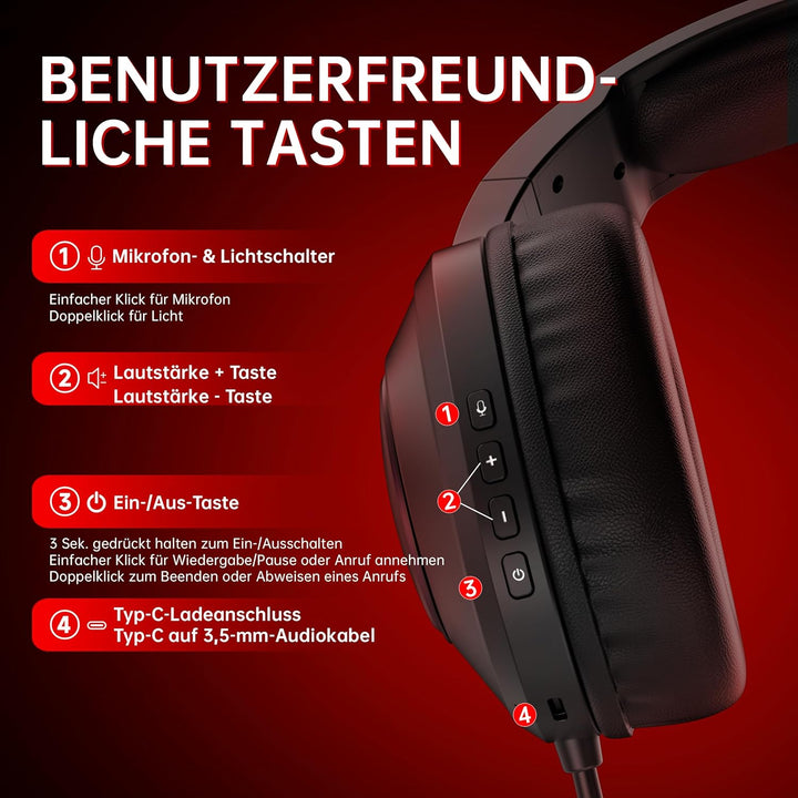 AOC Gaming Headset kabellos für PC, PS5, PS4, Switch, 2,4 GHz Wireless Headset mit Bluetooth 5.4 & K