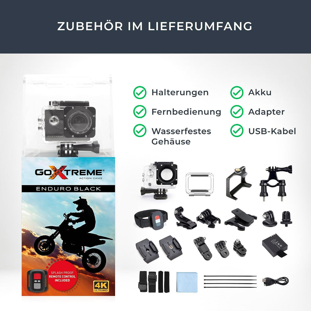GoXtreme Enduro Black Action Kamera (4K, Real 2, 7K@30fps, FullHD bis 60fps, inkl. Fernbedienung, 2"