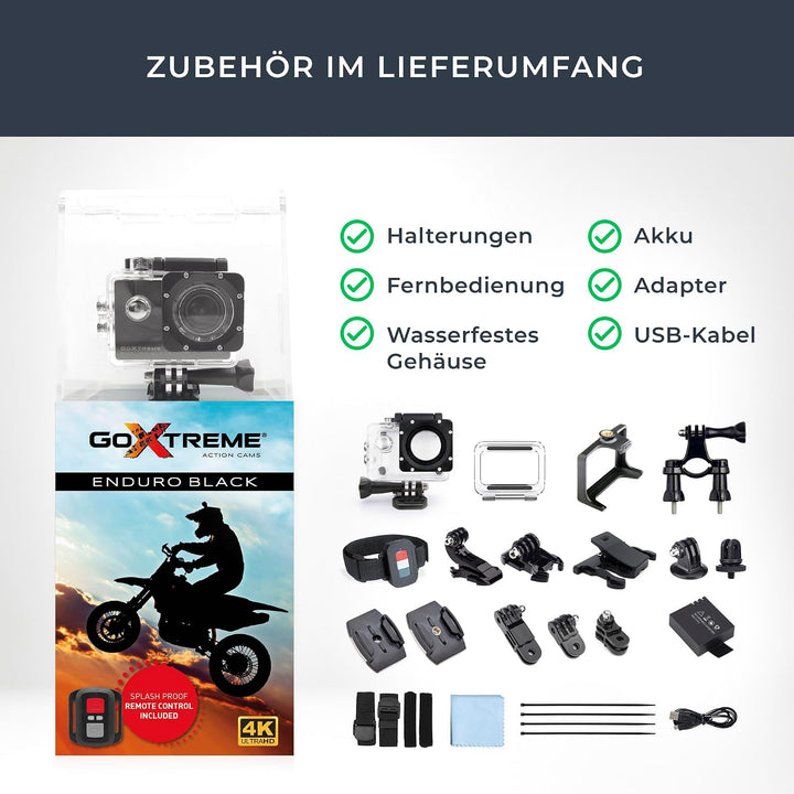 GoXtreme Enduro Black Action Kamera (4K, Real 2, 7K@30fps, FullHD bis 60fps, inkl. Fernbedienung, 2"