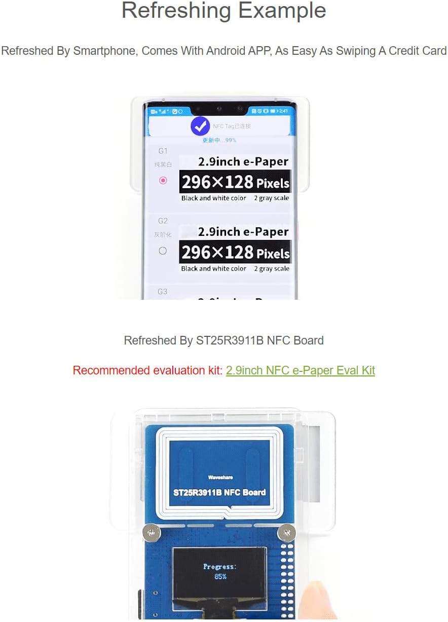 Waveshare 2.9inch Passive NFC-Powered e-Paper No Battery Required Wireless Powering and Data Transfe