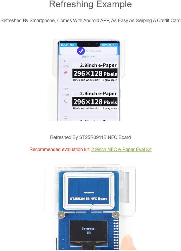 Waveshare 2.9inch Passive NFC-Powered e-Paper No Battery Required Wireless Powering and Data Transfe