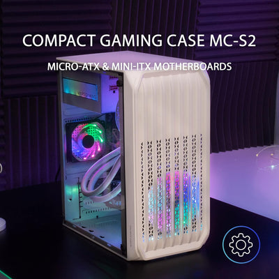 MarsGaming MC-S2 Weiss, Kompaktes Micro-ATX Gaming PC-Gehäuse, 2 FRGB Rainbow-Lüfter mit Frontgitter