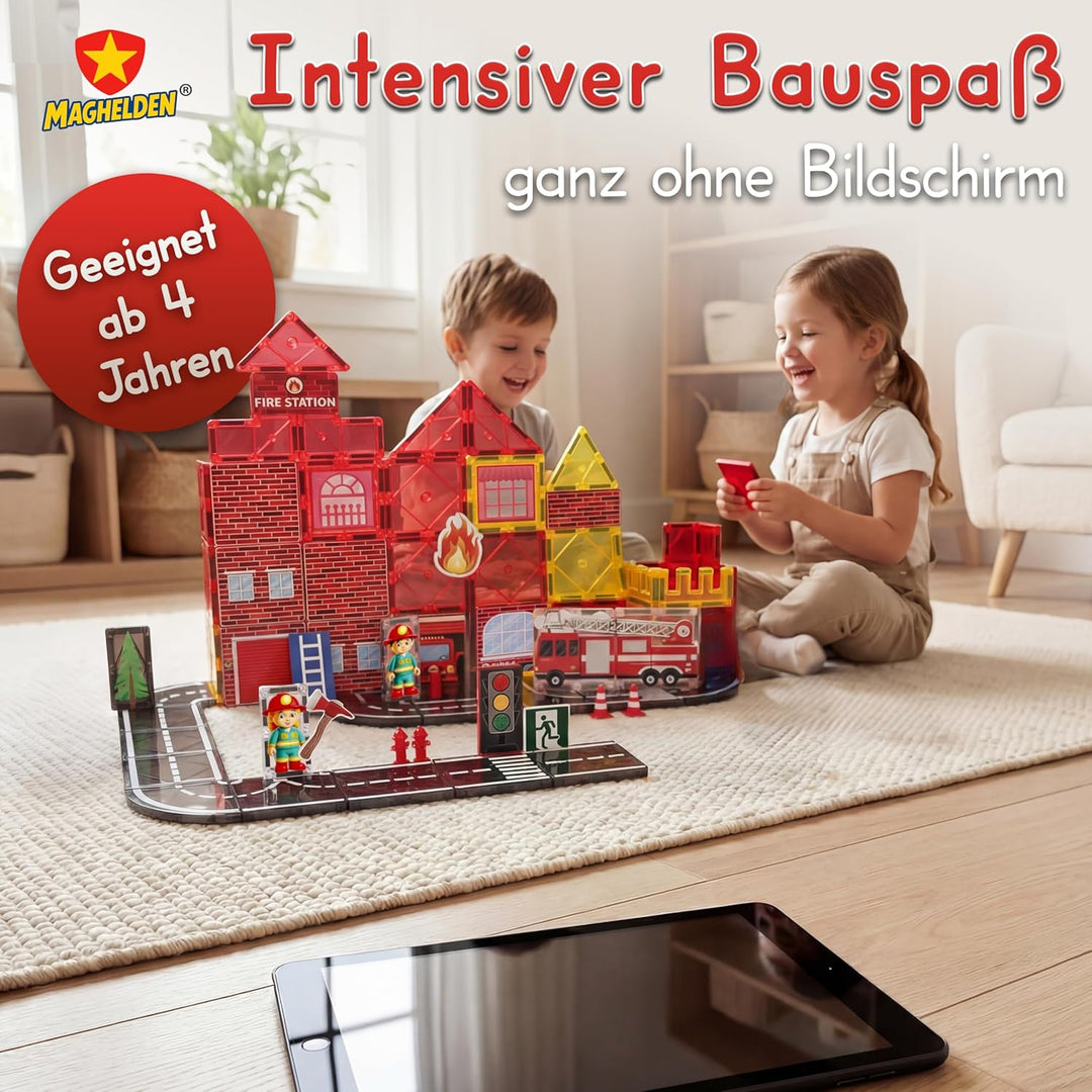 Magnetische Bausteine Feuerwehrstation 70 Teile - Magnetbausteine & Magnetspiel mit integrierten Fig