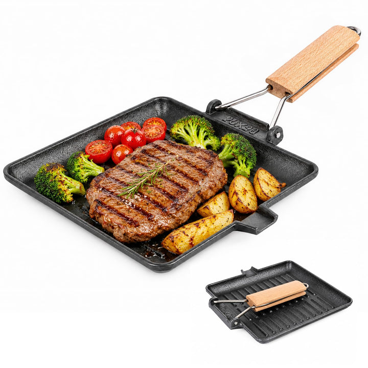 Grillpfanne Gusseisen - 20cm Steakpfanne Induktion Klappbare Griff