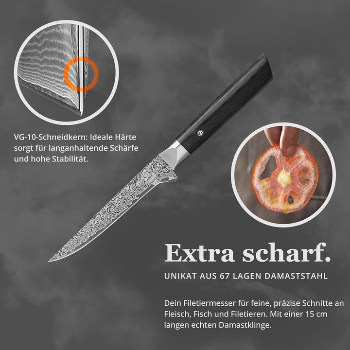 zayiko Black Edition Damastmesser Ausbeinmesser | Scharfe 14 cm Klinge aus 67 Lagen edlem dunklen Da