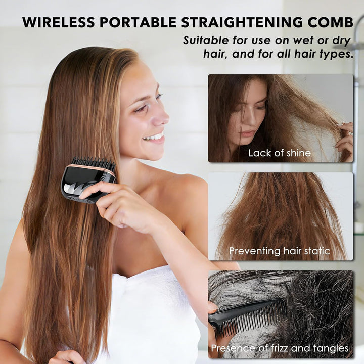 Mini Glätteisen Kabellos und Glättbürste mit 3 Temperaturstufen, Tragbare 2-in-1 Straightener Haargl