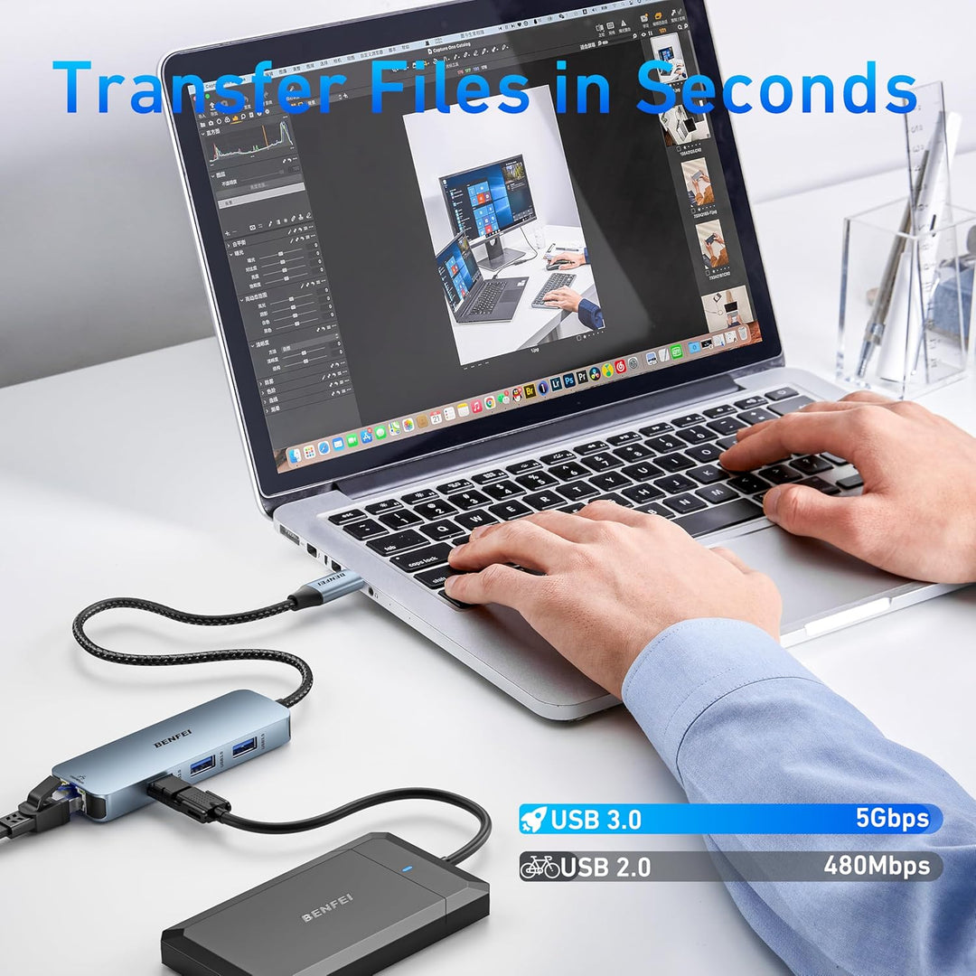 BENFEI 6in1 USB C HUB mit HDMI 4K@60Hz/ Gigabit Ethernet/100W PD Stromversorgung/3*USB A 5Gbps [Sili