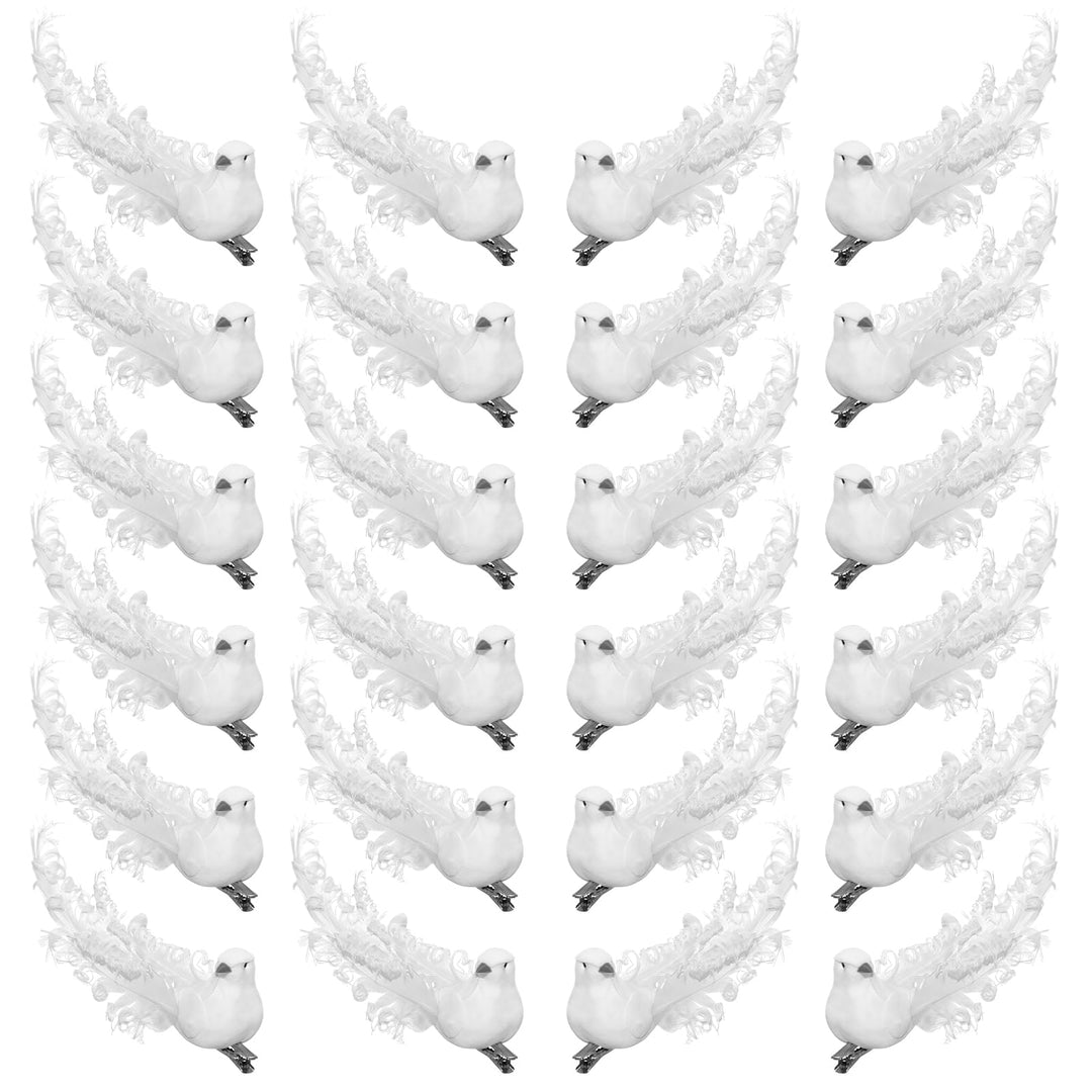 24 Stück künstliche weisse Tauben Dekoration mit Metallclips, weisse gefiederte Mini-Vögel zum Ancli