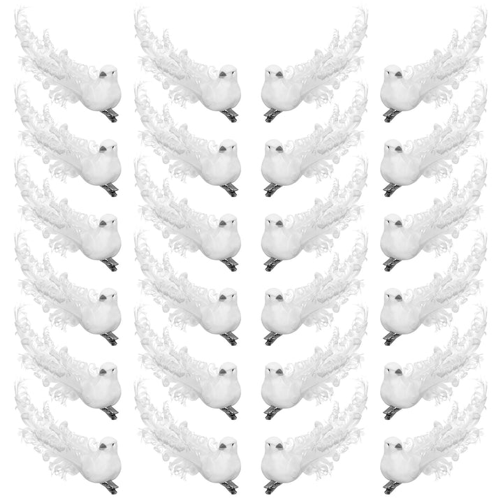 24 Stück künstliche weisse Tauben Dekoration mit Metallclips, weisse gefiederte Mini-Vögel zum Ancli