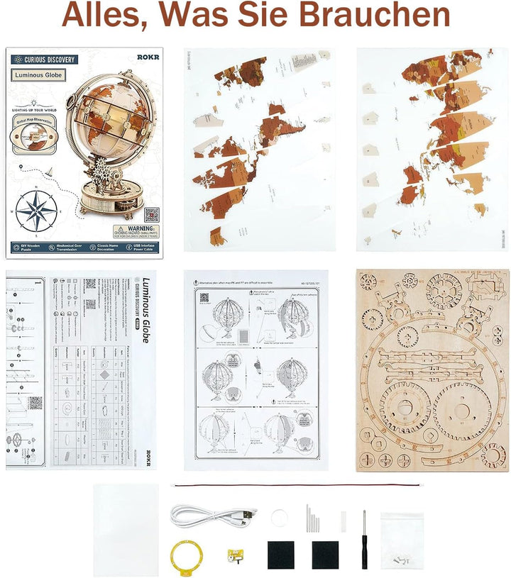 ROKR Holzpuzzle Erwachsene 3D Holz Puzzle Modell Mit Globus Modellbau, 180 Teilen, Luminous Globe