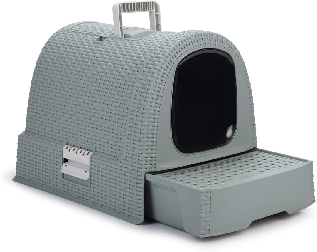 Curver petlife Katzentoilette mit Deckel, Katzenklo inklusive Schaufel, moderne Rattangeflecht-Optik