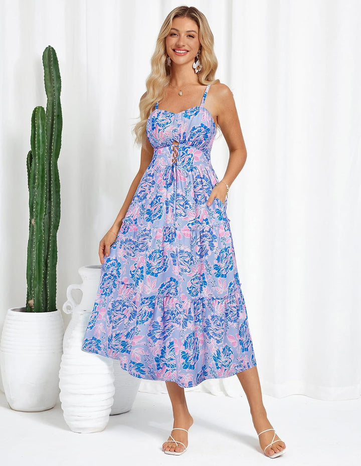 GRACE KARIN Damen Sommerkleid A-Linie Blumenkleid Casual Strandkleid Trägerkleid Midi Boho Kleid Fre