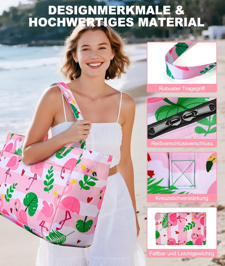 ISEYOU Strandtasche XXL Familie, Gross Strandtasche mit Reissverschluss Wasserdicht Sanddicht, Handt