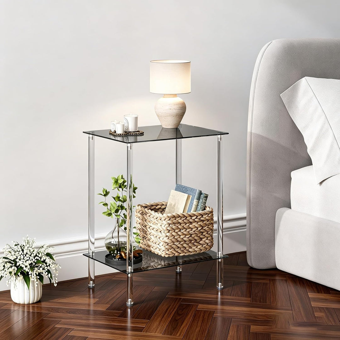 Beistelltisch Glas Eckig Nachttisch Transparent Glastisch Mobiler Couchtisch 2 Ablagen Glasregal Woh