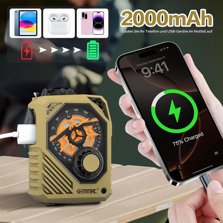Tragbares Kurbelradio mit Bluetooth/USB Flash Drive/TF Anschlus, 2000mAh Akku AM/FM/SW Notfallradio