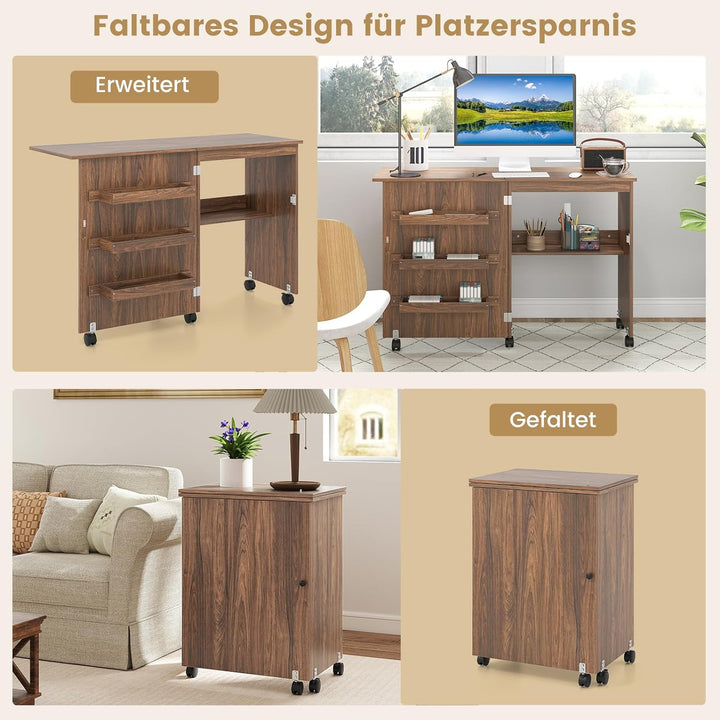 COSTWAY 2 in 1 Nähschrank & Schreibtisch klappbar, Nähtisch aus Holz mit 3 Einlegeböden für Spulen &
