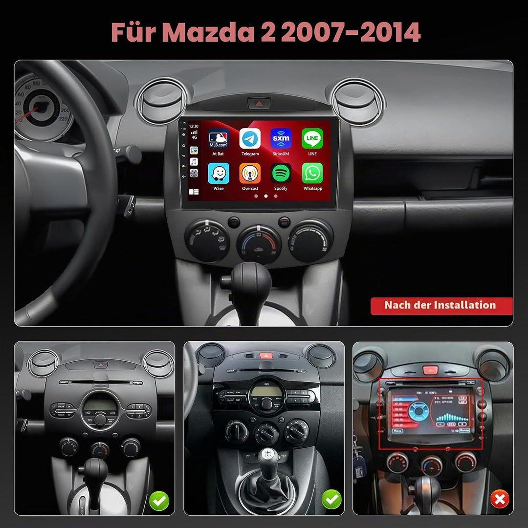 Hikity 4+128G 9" Android Autoradio für Mazda 2 2007-2014 Wireless CarPlay | Incell Touchscreen GPS N