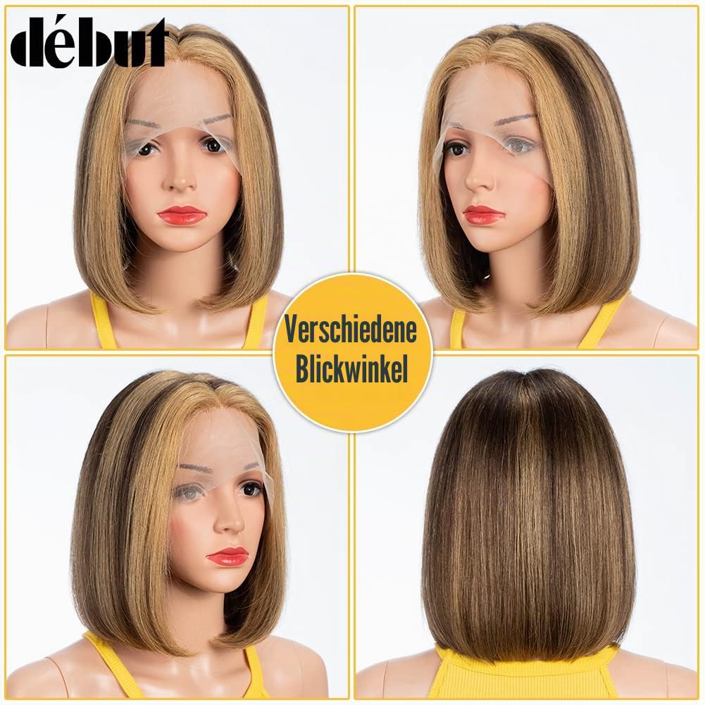 DÉBUT Glatte Bob Perücke, Echthaar, T-Teil, Spitzenfront, Bob-Perücke, vorgezupft, mit Babyhaar, 150