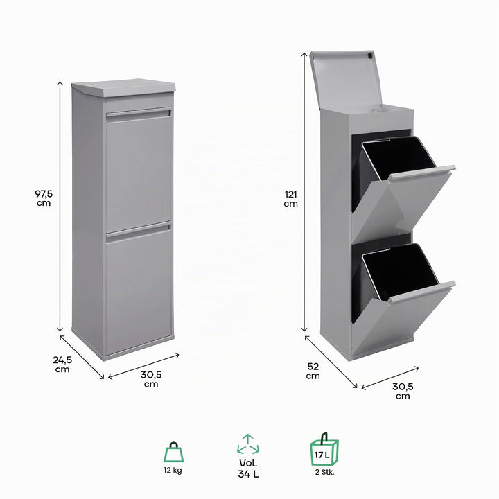 Arregui Top CR222-B Recycling Abfalleimer / Mülleimer aus Stahl mit Aufbewahrungsbox mit Deckel, Mül