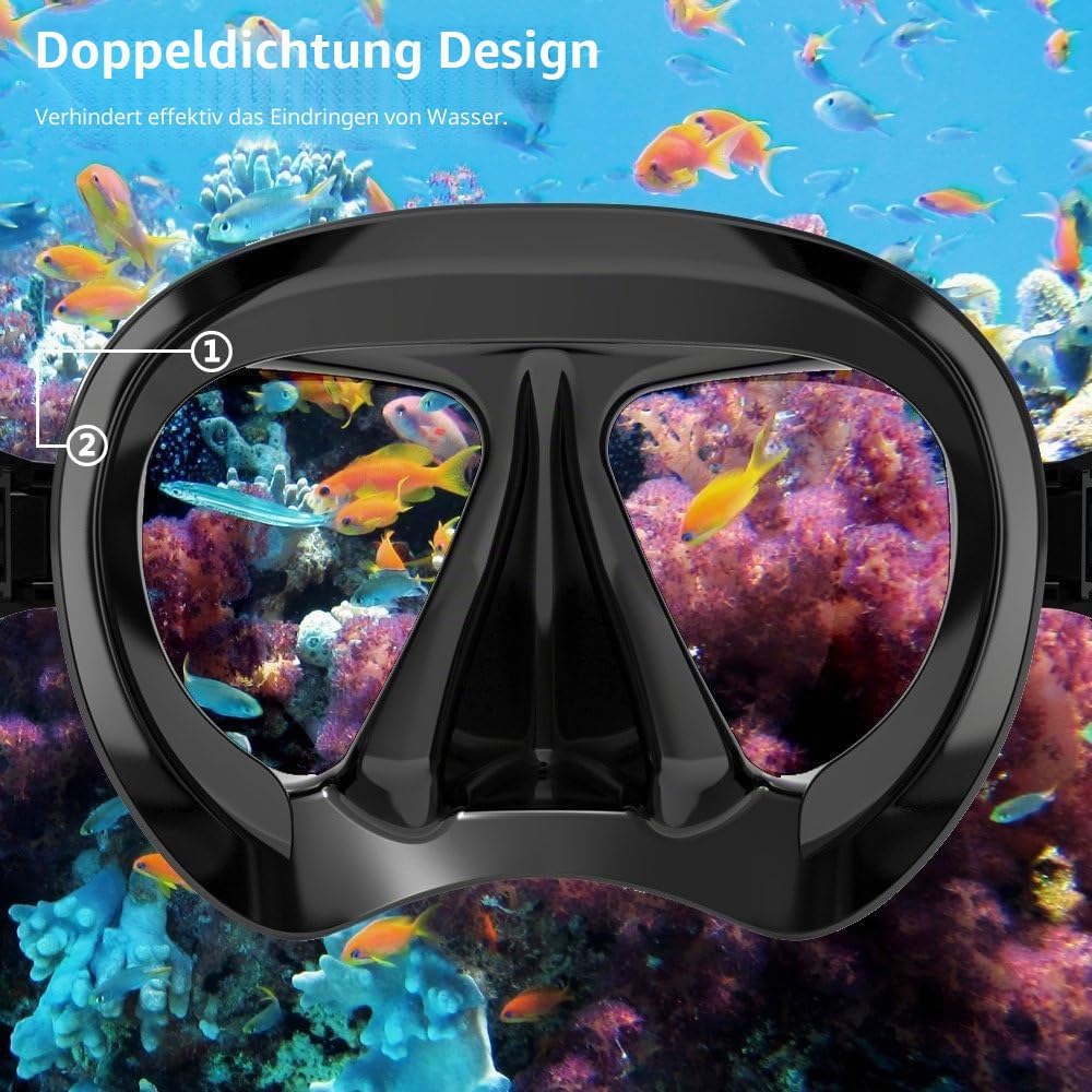 Taucherbrille für Erwachsene mit Anti-Nebel Schnorchelmaske, Schwimmmaske gehärtetem Glas und Nasena