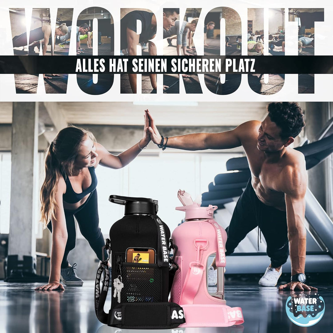 Water Base Trinkflasche Sport 2,2 l Fitness Wasserflasche aus BPA-freiem Tritan mit Seitentasche Mus