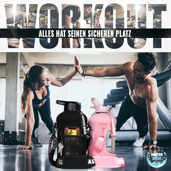 Water Base Trinkflasche Sport 2,2 l Fitness Wasserflasche aus BPA-freiem Tritan mit Seitentasche Mus