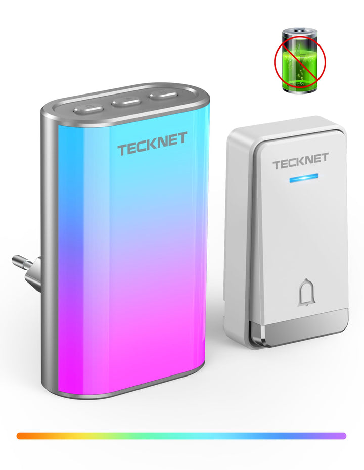 TECKNET Türklingel Batterielose, Steckdosen-Funkklingel mit EU-Steckdose und RGB Licht, IP65 Wasserd