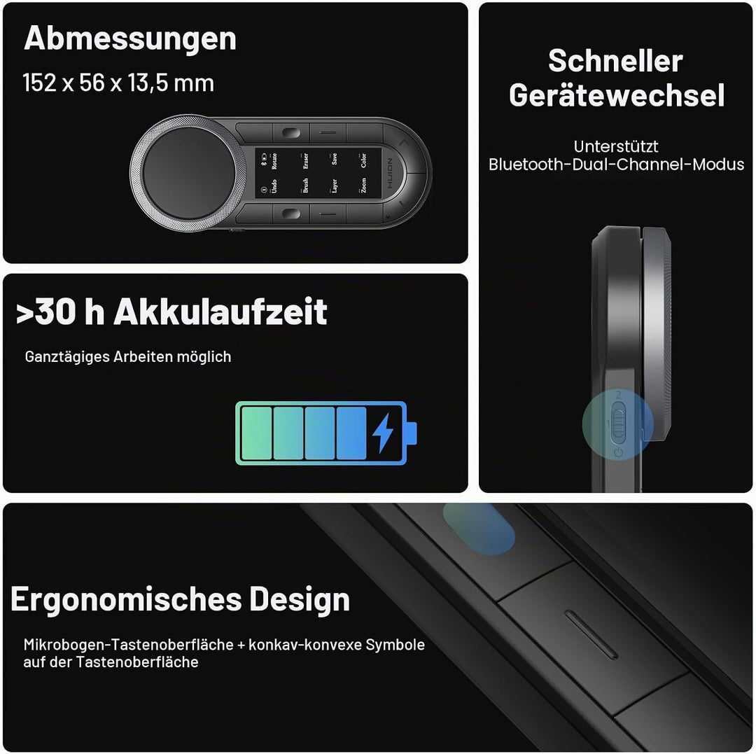 HUION Keydial Fernbedienung, programmierbare Bluetooth-Tastatur mit zwei Zifferblättern, 60 benutzer