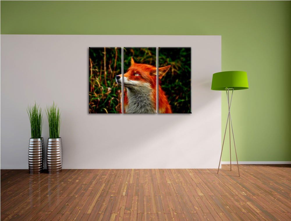 Süsser Fuchs im Wald 3 Teilig, Gesamtgrösse 120x80 cm auf Leinwand, XXL riesige Bilder fertig gerahm
