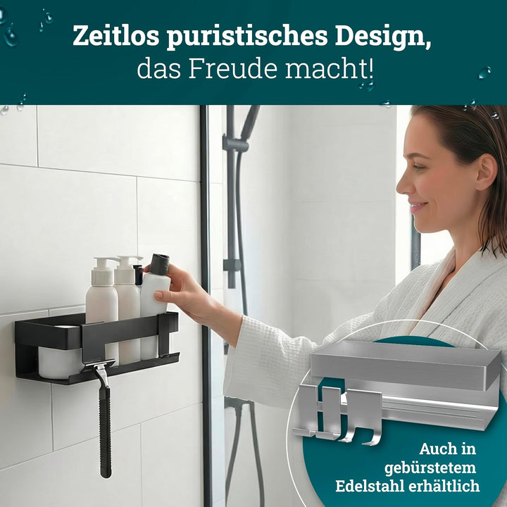 husman® Duschablage ohne Bohren | Edelstahl Matt-Schwarz | mit Ablaufrillen & 3 Haken | Kleben statt