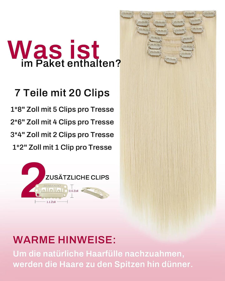 Moresoo Clip in Extensions Echthaar Blond Remy Echthaar Extensions Clip Platinblond Doppelt Tressen