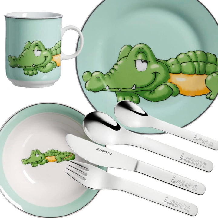 Kinderset Krokodil 7tlg. MIT Gravur (z.B. Namen) personalisiertes Kinderbesteck + Kindergeschirr, Kr