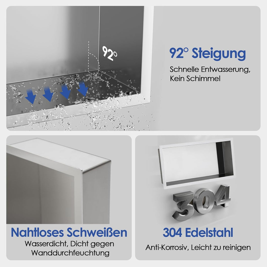 ROVOGO 40 x 20 x 10 cm Wandnische Dusche Edelstahl 304, Eingebettete Duschnische Einzelregal Lagerun
