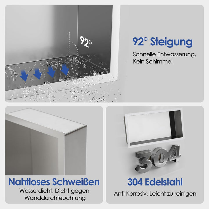 ROVOGO 40 x 20 x 10 cm Wandnische Dusche Edelstahl 304, Eingebettete Duschnische Einzelregal Lagerun