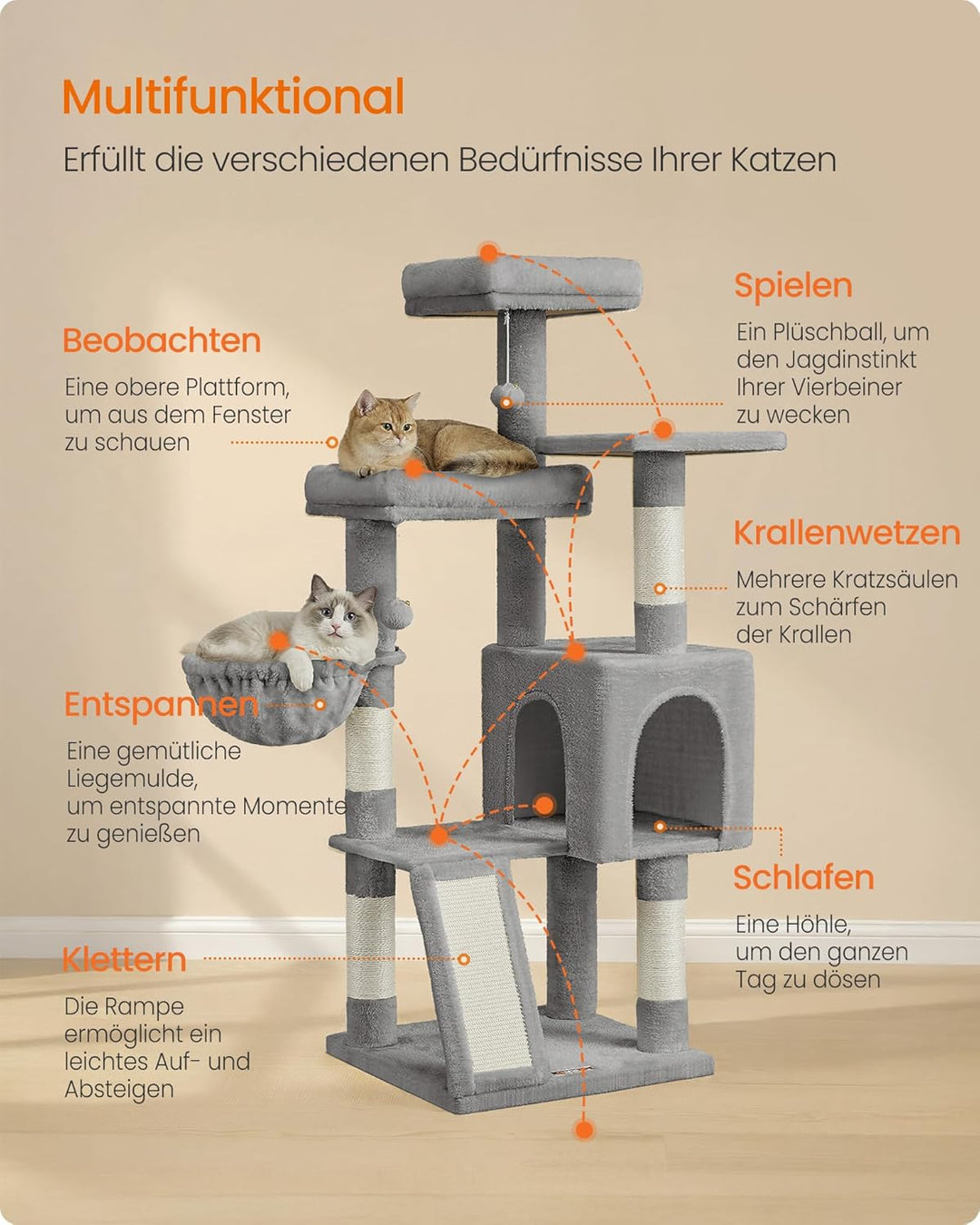 Feandrea Kratzbaum, 136 cm hoch, Katzenbaum, mehrstöckiges Katzenhaus, mit 4 Kratzsäulen, 3 Plattfor
